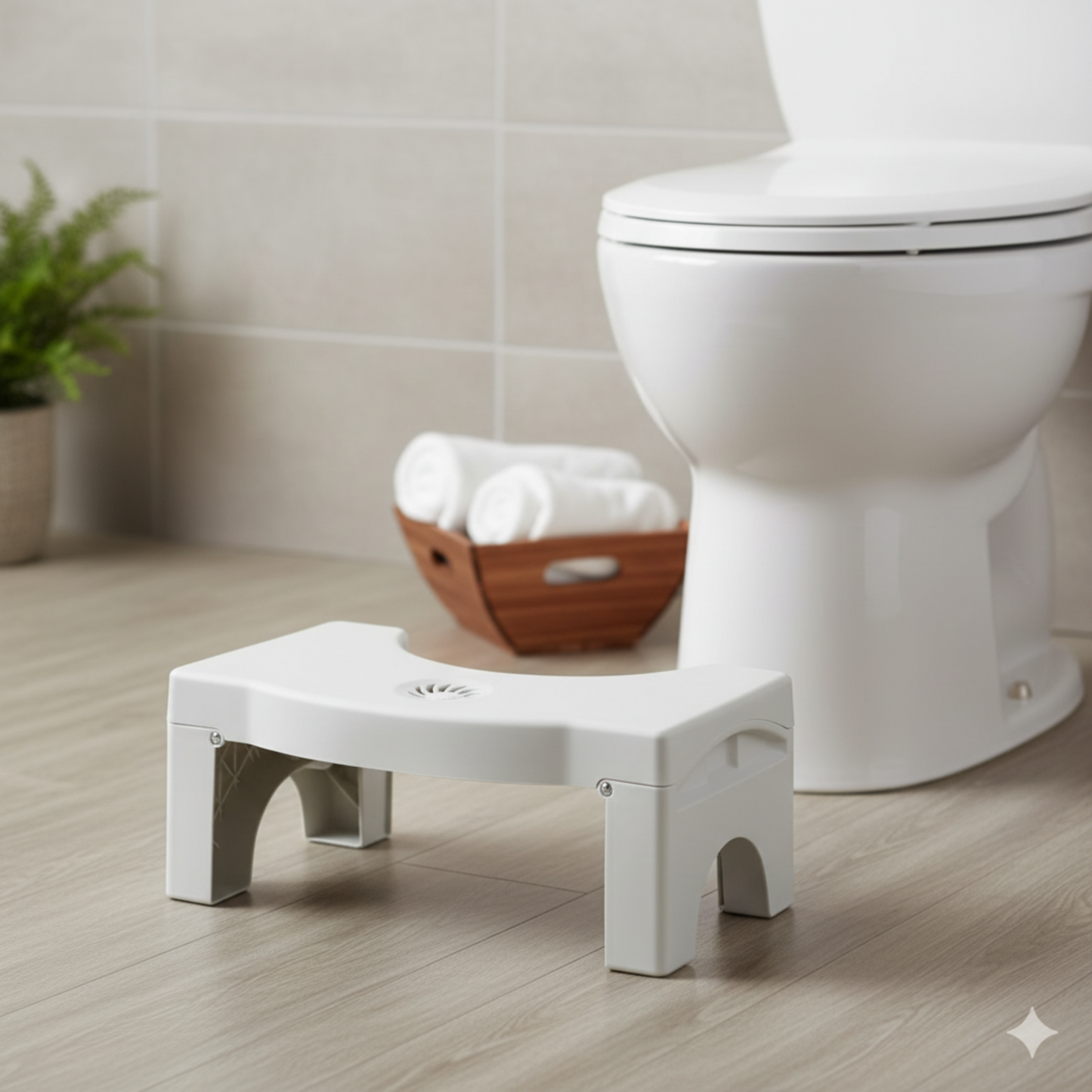 White step stool in front of a toilet with a basket of towels on a wooden floor.