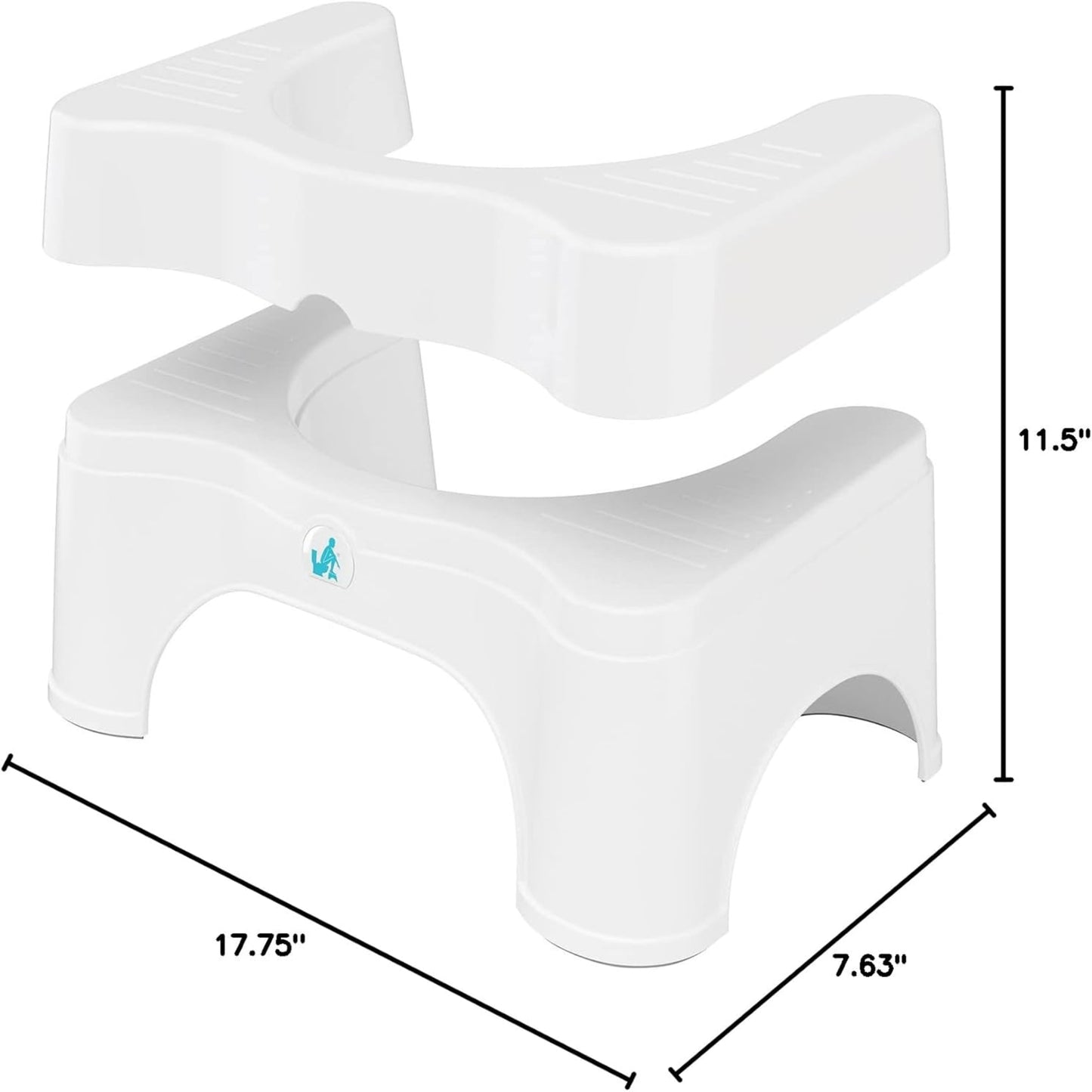 White plastic stool with dimensions on a white background