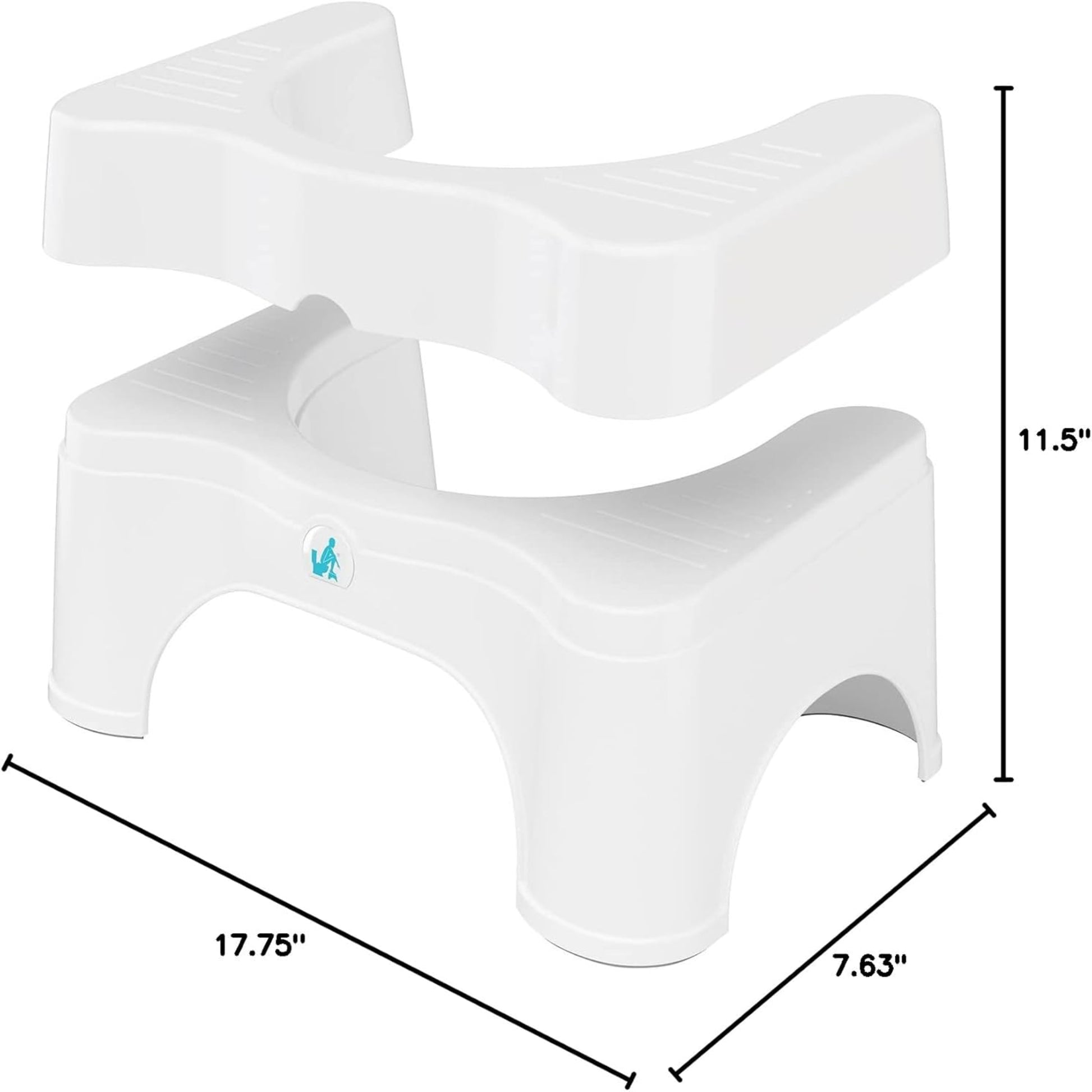 White plastic stool with dimensions on a white background